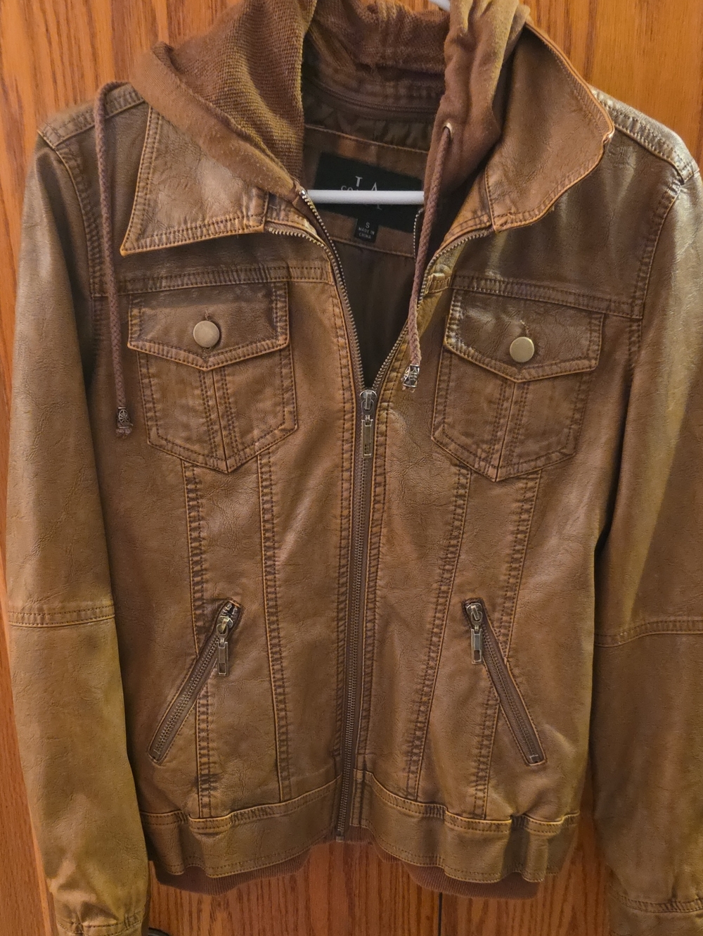 Women's Brown Hooded Faux Leather Zip Jacket